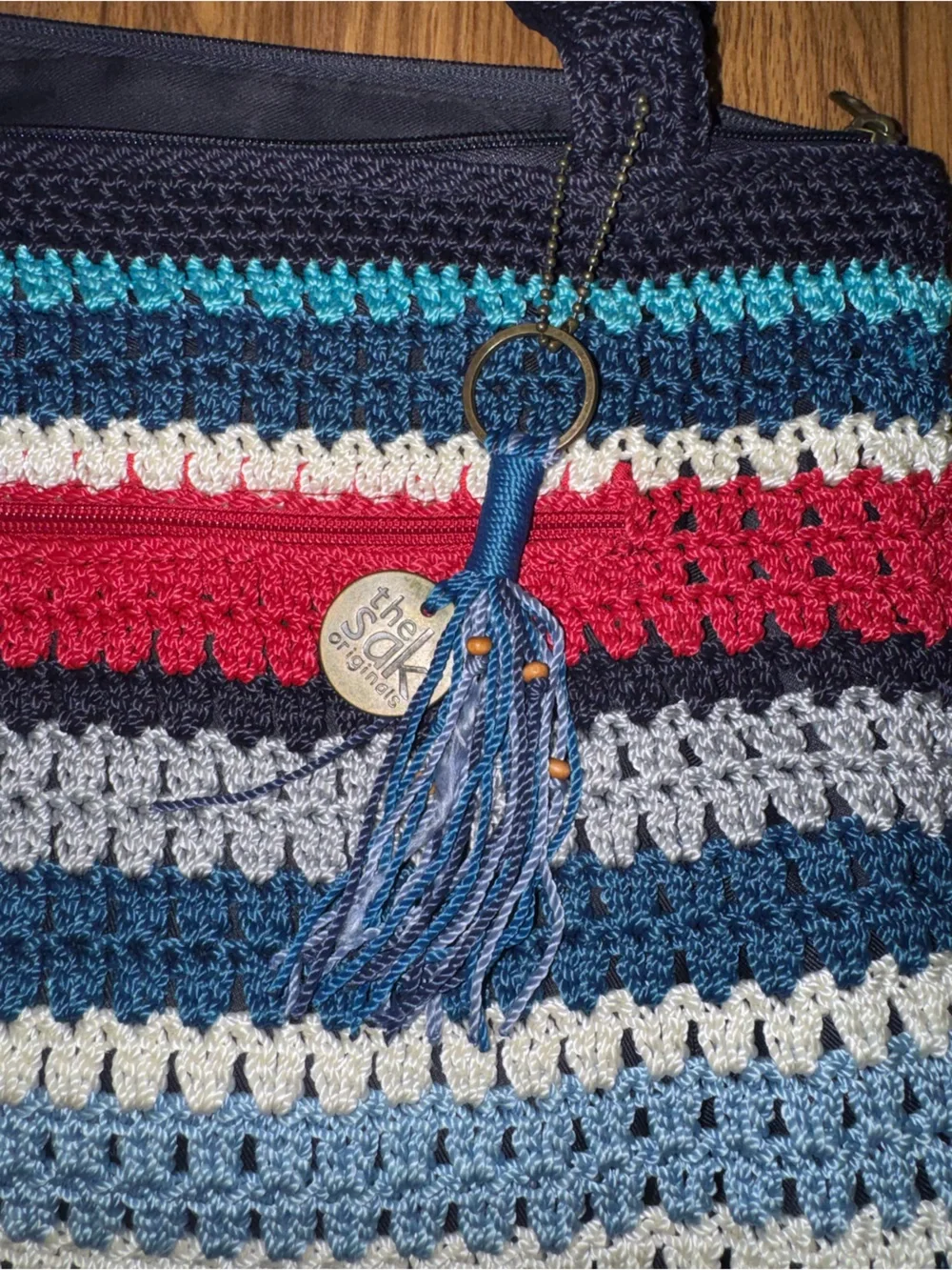 THE SAK Amberly Crochet Blue HOBO HANDBAG Red White Blue